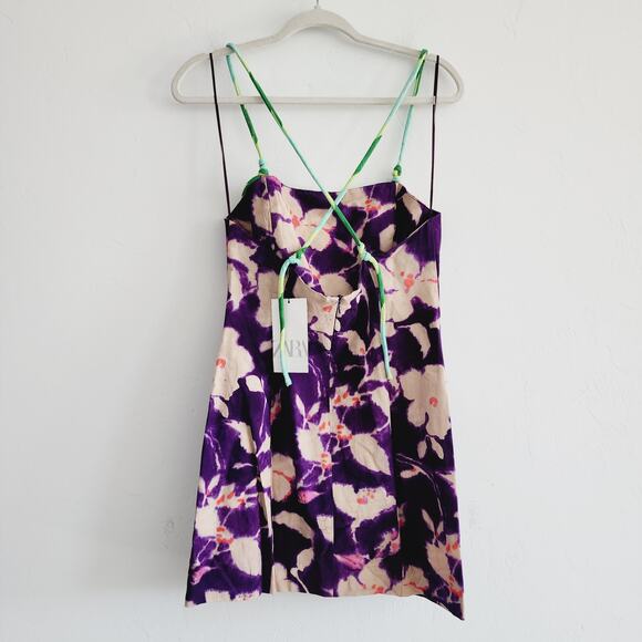 Zara Purple Floral Print Linen Spaghetti Strap Mini Dress Size Large - Picture 9 of 10